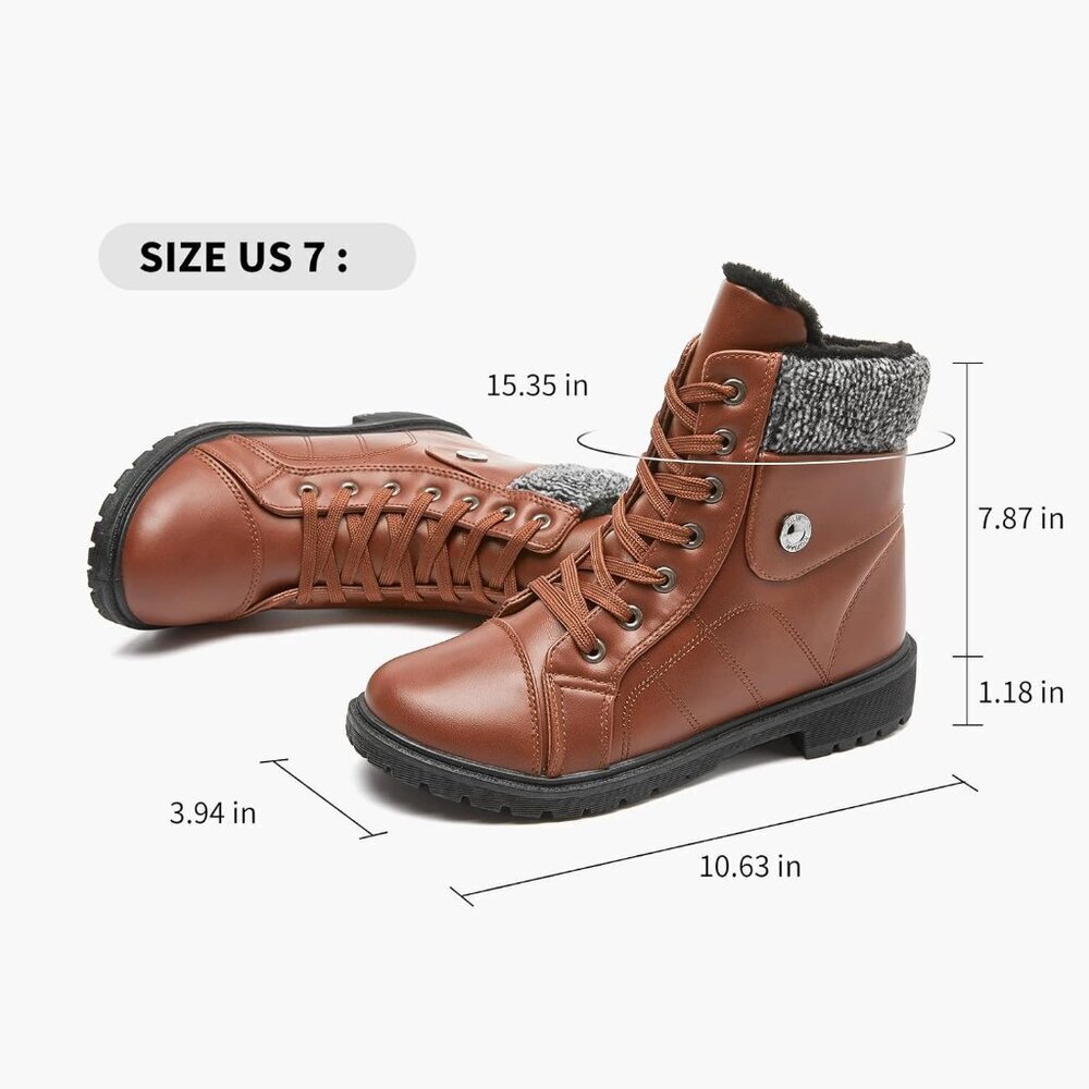 Women's Brown FRACORA PU Leather Combat Boots Fur Lined Side Zipper Winter - Picture 5 of 6